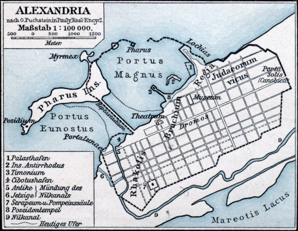Karte der antiken ägyptischen Stadt Alexandria.
