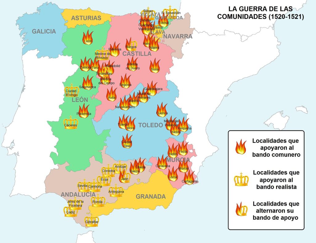 Mapa que recoge las localidades de la Corona de Castilla y León que tomaron parte en la Guerra de las Comunidades, ya fuese en el bando comunero o en el realista.