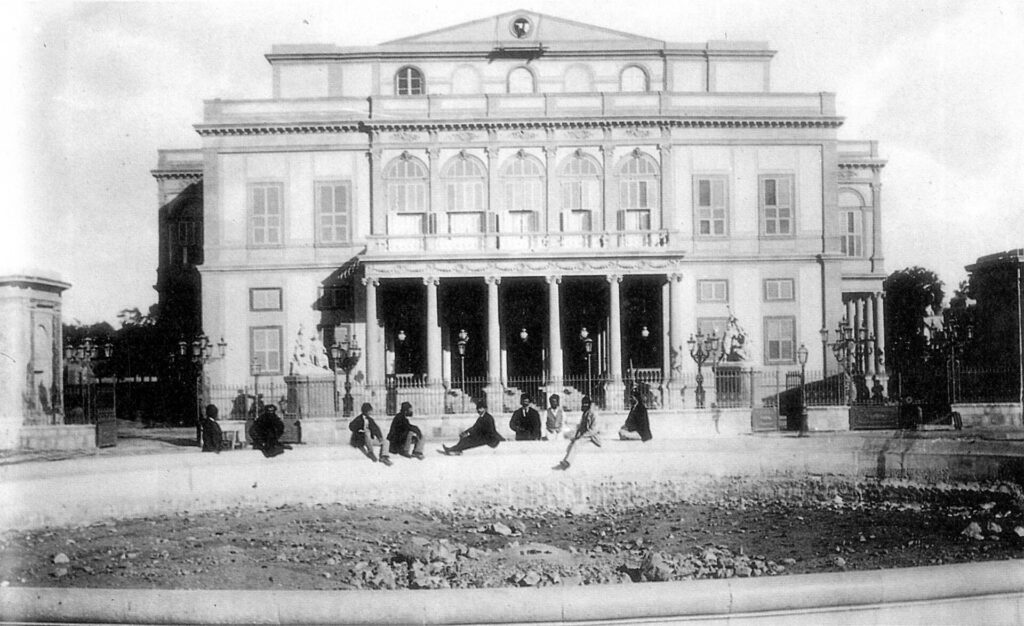 One of the earliest photographs of the Khedivial Opera House from the exterior, showing the Opera Square before the placing of Ibrahim Pasha's statue.