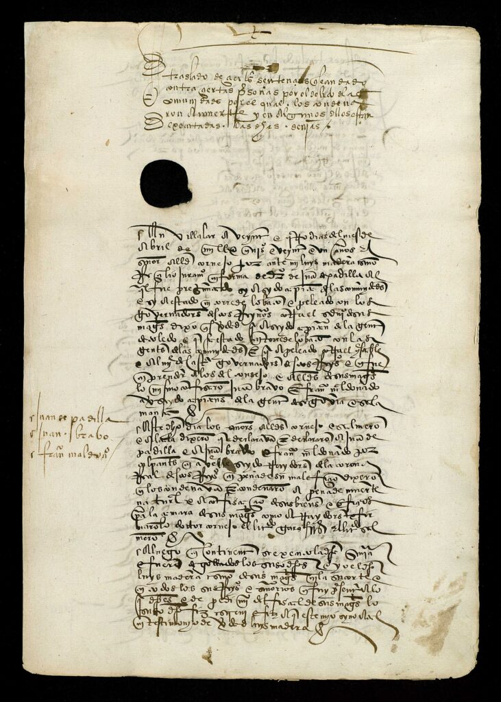 Sentencia de los comuneros Padilla, Bravo y Maldonado, dictada el 24 de abril de 1521. Conservada en el Archivo General de Simancas.