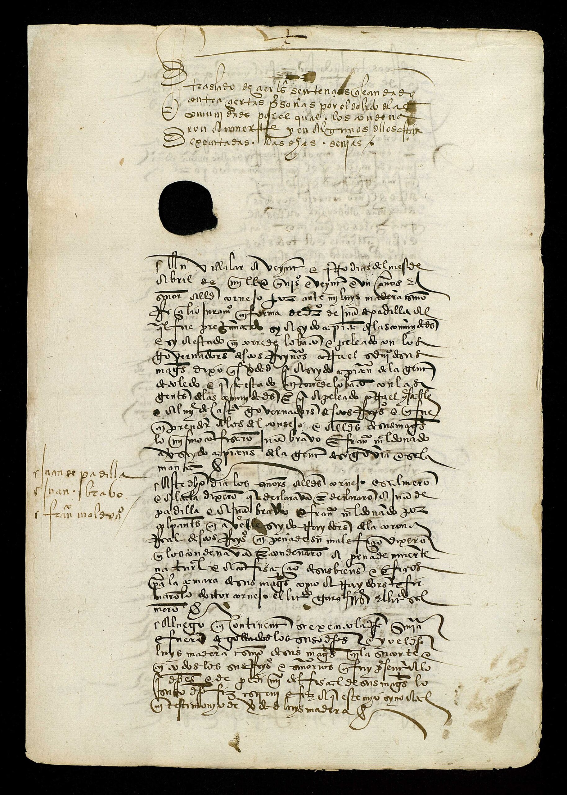 Sentencia de los comuneros Padilla, Bravo y Maldonado, dictada el 24 de abril de 1521. Conservada en el Archivo General de Simancas.